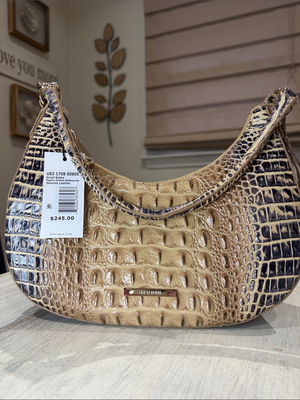 Brahmin Small Bekka Melbourne Beige and Dark Brown Croc-Embossed Hobo Bag